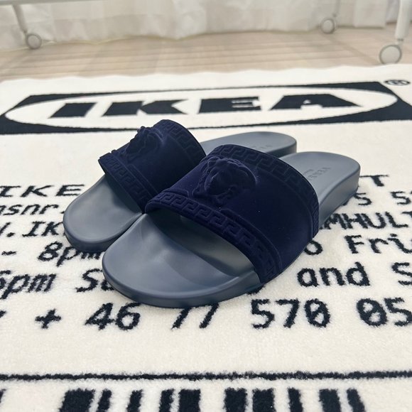 Versace Medusa Head Logo Nubuck Suede Navy Pool Slides - Picture 4 of 11